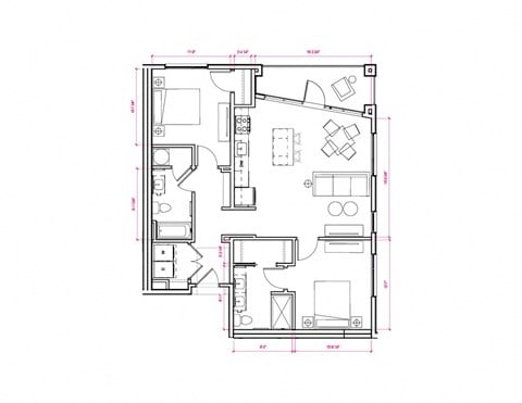 Floor plan for 2 beds, 2 baths, 950 sqft